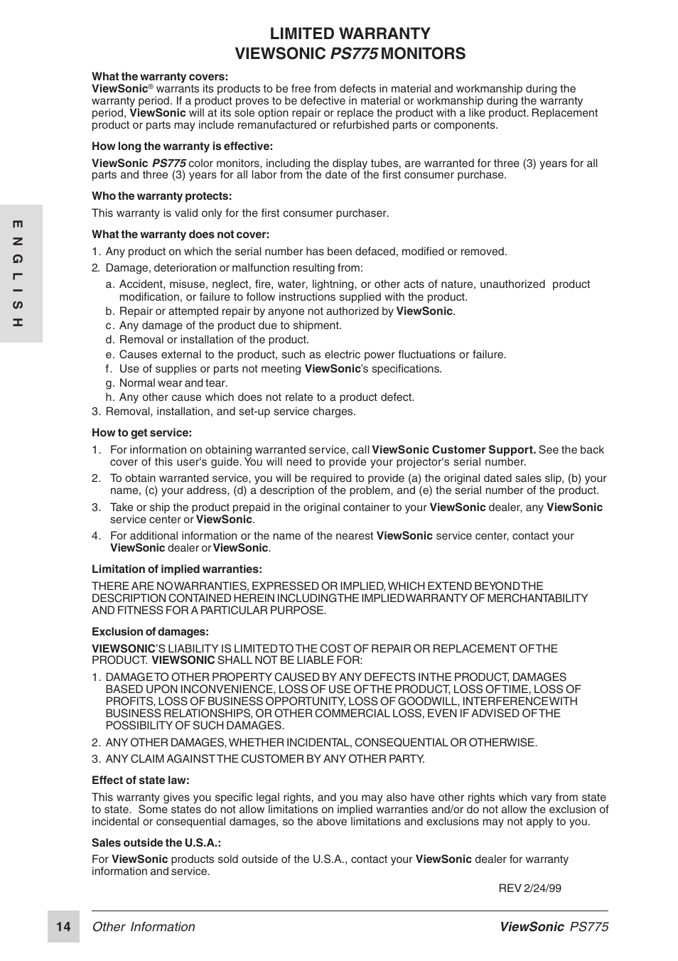 Ps775, Limited warranty viewsonic, Monitors | VIEWSONIC PS775 User Manual | Page 15 / 16