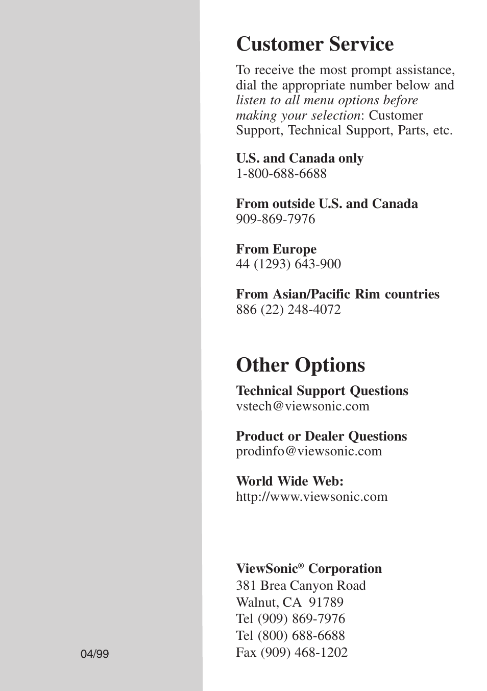 Customer service, Other options | VIEWSONIC PS775 User Manual | Page 16 / 16