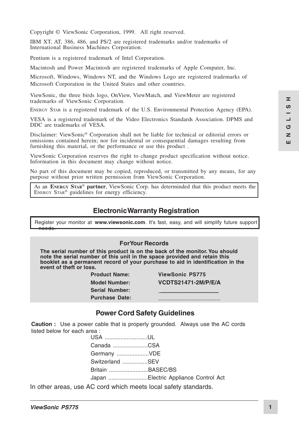 Power cord safety guidelines, Electronic warranty registration | VIEWSONIC PS775 User Manual | Page 2 / 16