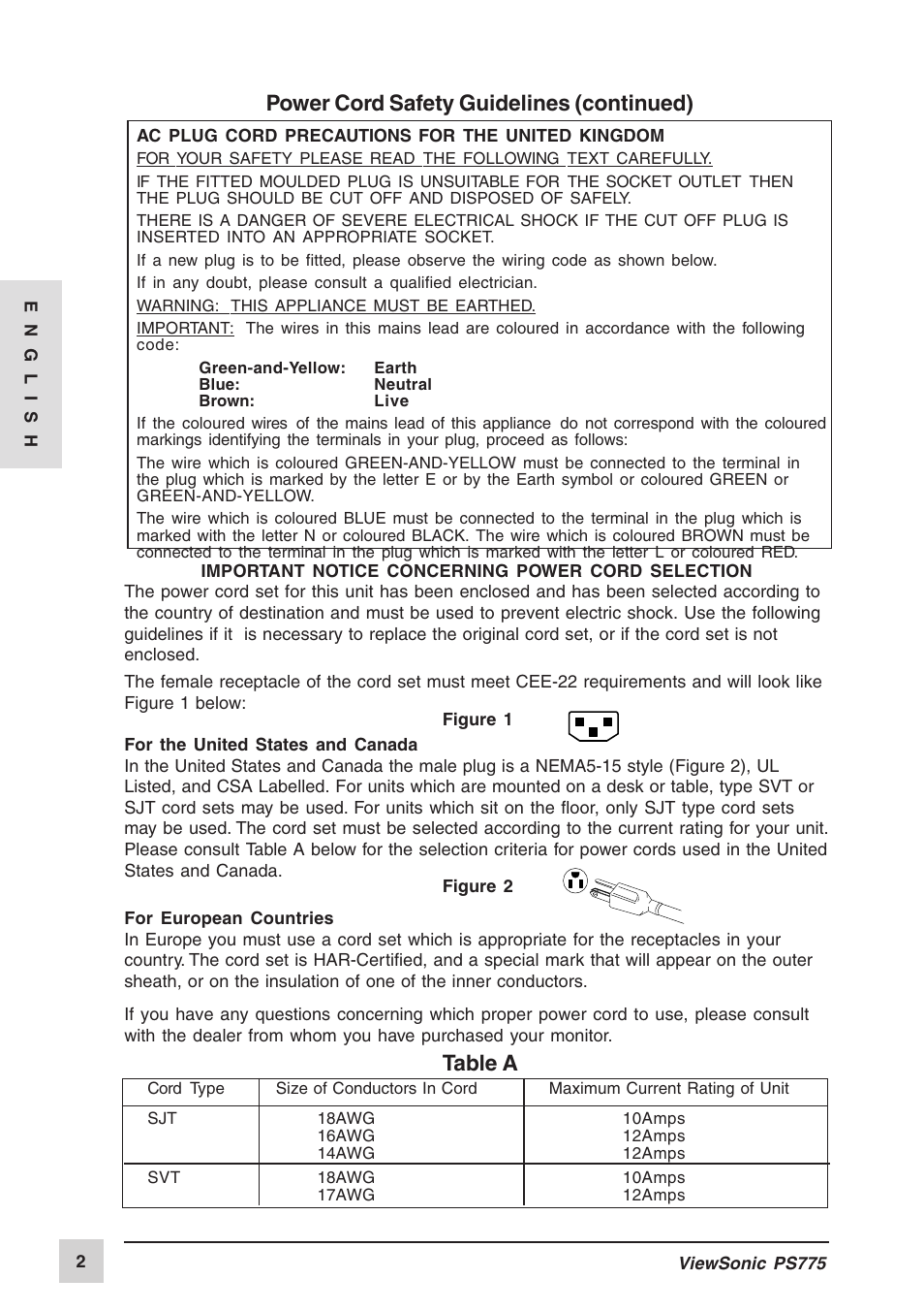 Power cord safety guidelines (continued), Table a | VIEWSONIC PS775 User Manual | Page 3 / 16