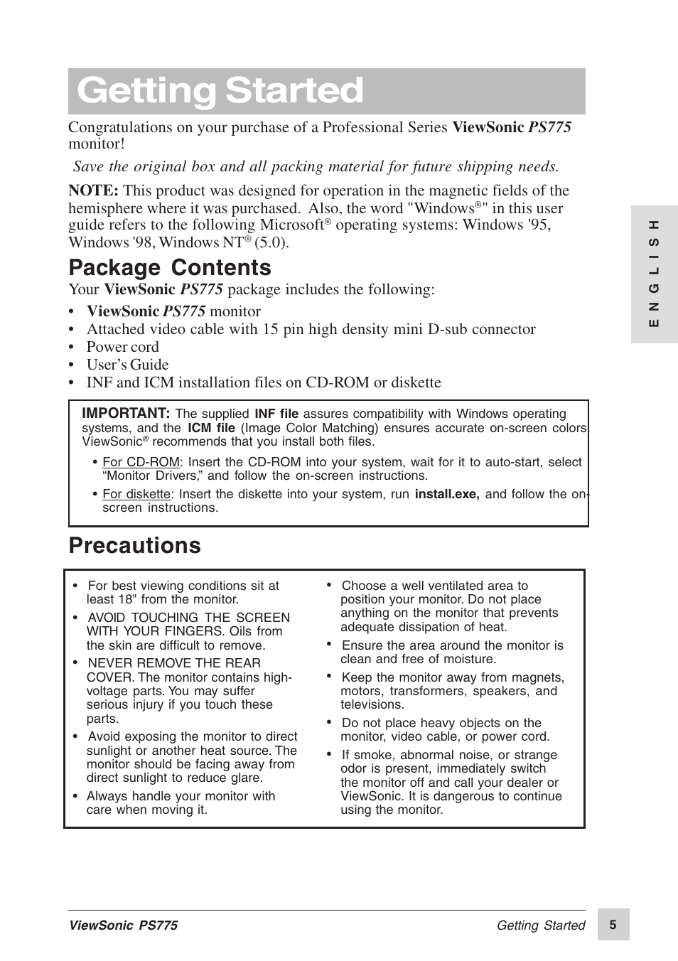 Getting started, Package contents, Precautions | VIEWSONIC PS775 User Manual | Page 6 / 16
