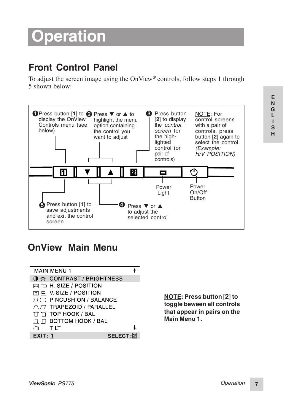 Operation, Front control panel, Onview | Main menu | VIEWSONIC PS775 User Manual | Page 8 / 16