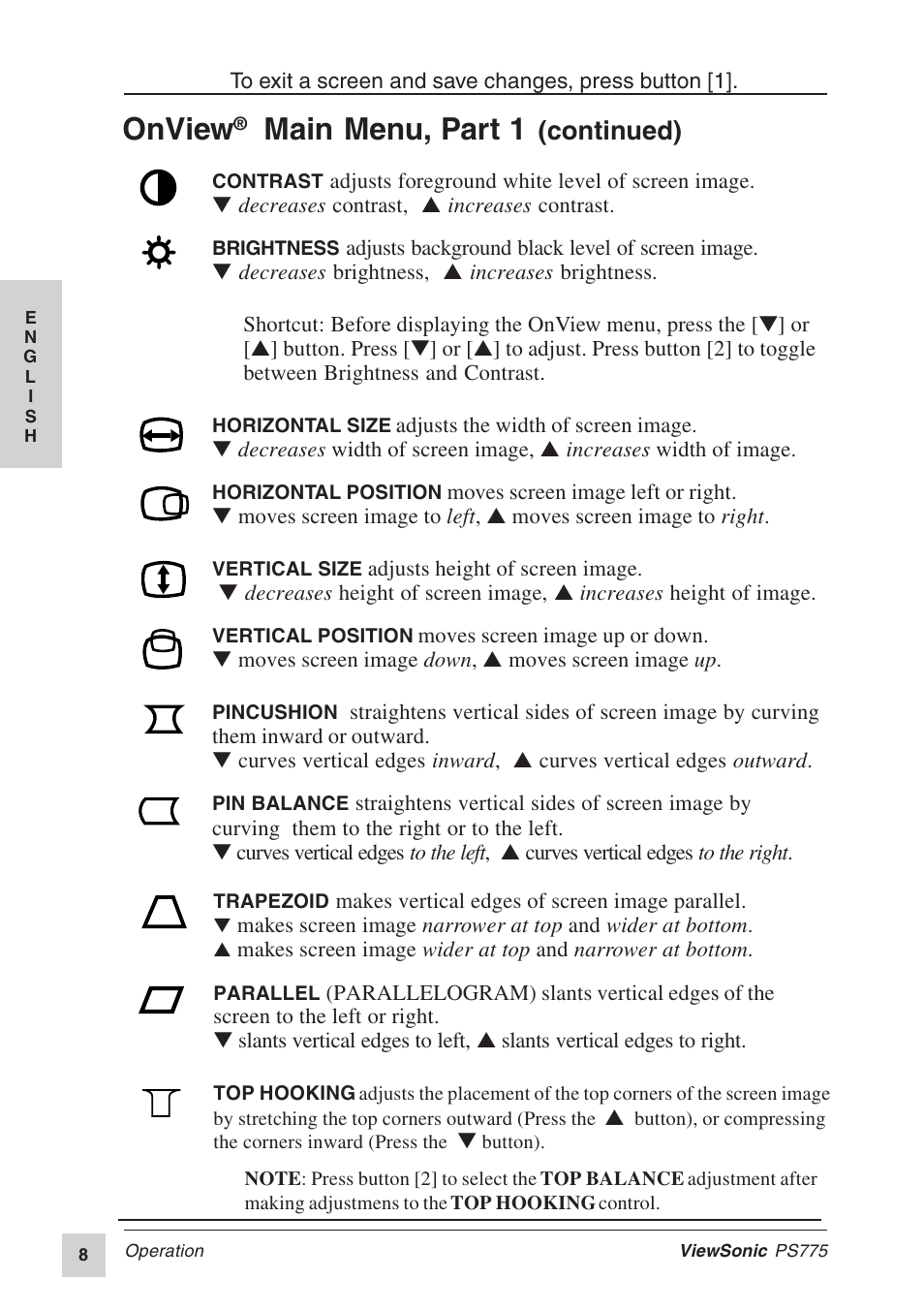 Onview, Main menu, part 1, Continued) | VIEWSONIC PS775 User Manual | Page 9 / 16