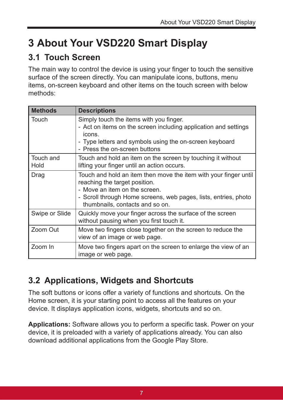 3 about your vsd220 smart display, 1 touch screen, 2 applications, widgets and shortcuts | VIEWSONIC Smart Display VSD220 User Manual | Page 17 / 57