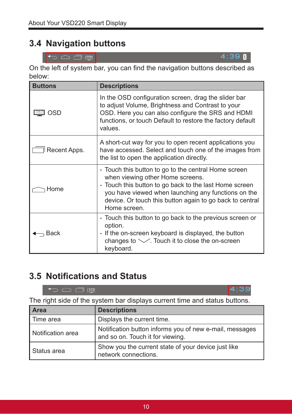 4 navigation buttons, 5 notifications and status | VIEWSONIC Smart Display VSD220 User Manual | Page 20 / 57