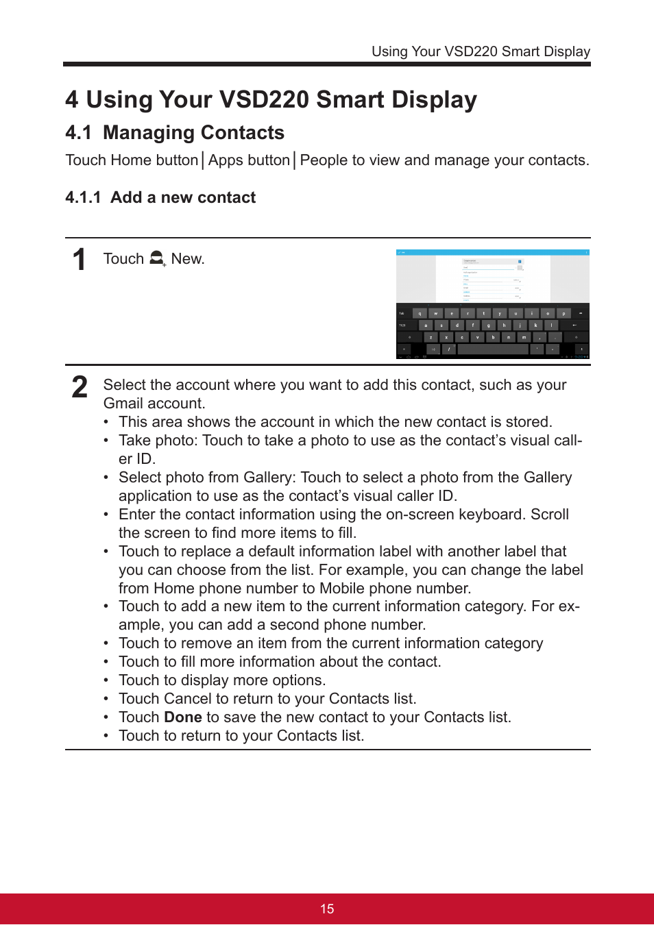 4 using your vsd220 smart display, 1 managing contacts | VIEWSONIC Smart Display VSD220 User Manual | Page 25 / 57