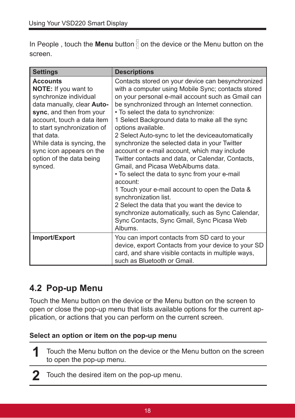 2 pop-up menu | VIEWSONIC Smart Display VSD220 User Manual | Page 28 / 57