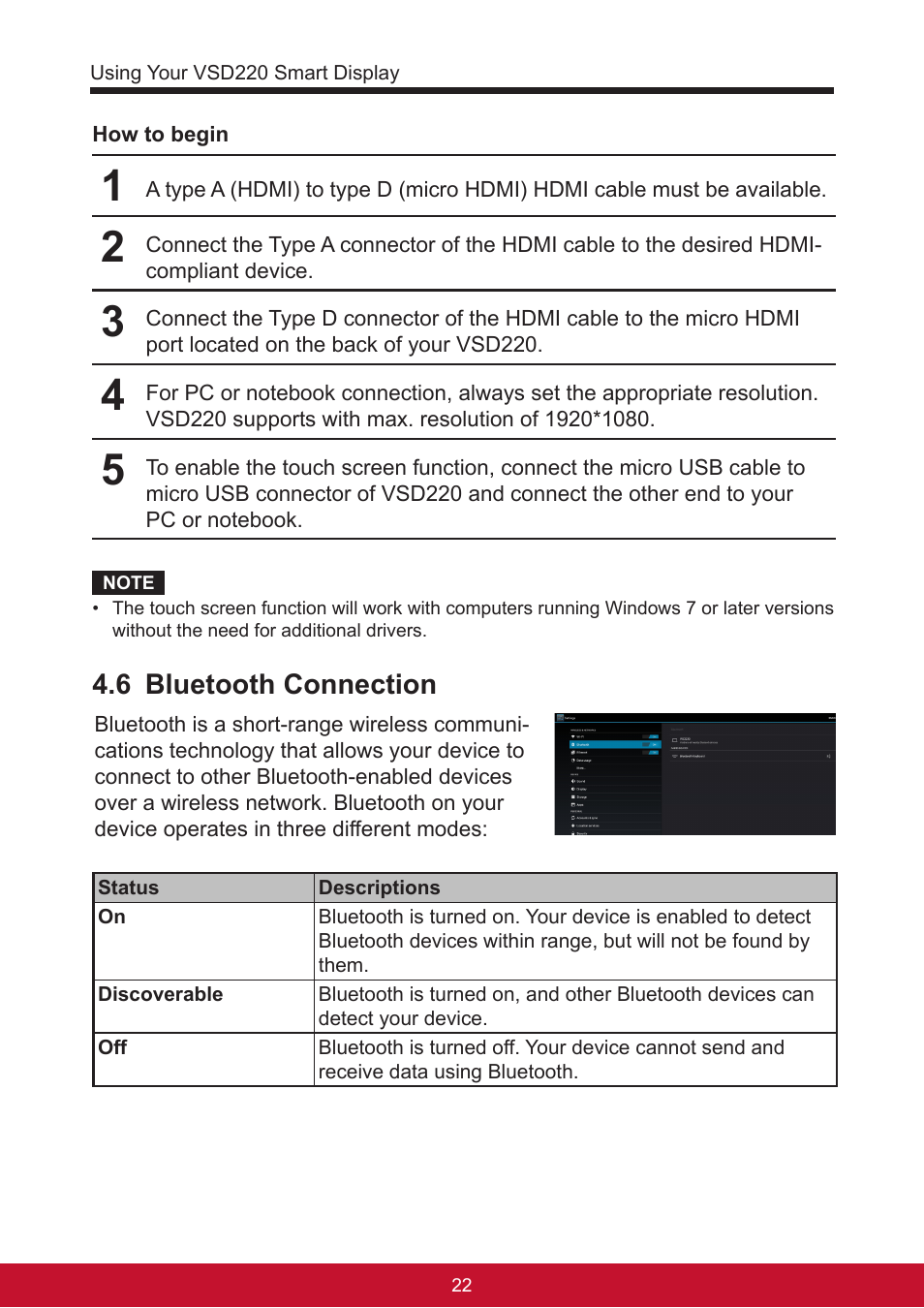 6 bluetooth connection | VIEWSONIC Smart Display VSD220 User Manual | Page 32 / 57