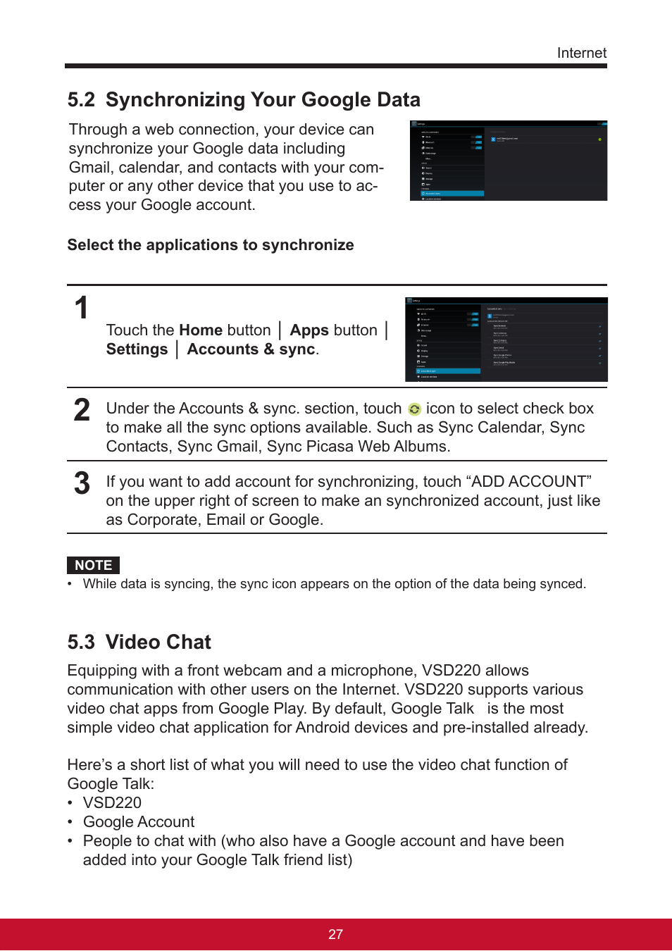2 synchronizing your google data, 3 video chat | VIEWSONIC Smart Display VSD220 User Manual | Page 37 / 57