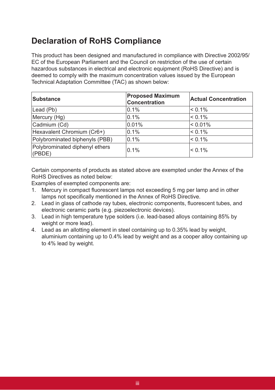 Declaration of rohs compliance | VIEWSONIC Smart Display VSD220 User Manual | Page 4 / 57
