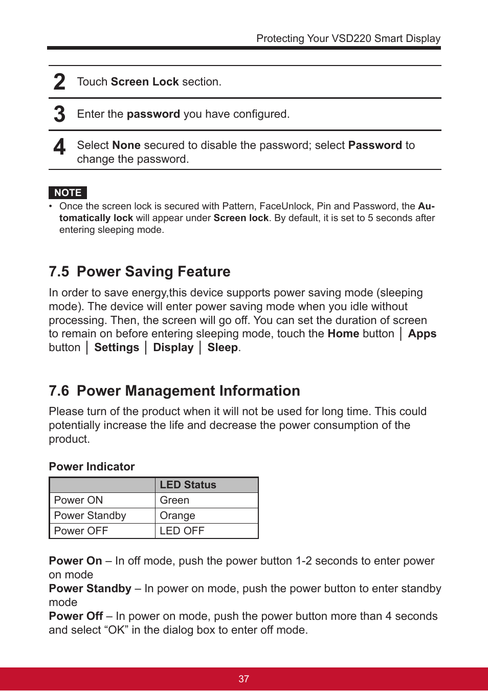 5 power saving feature, 6 power management information | VIEWSONIC Smart Display VSD220 User Manual | Page 47 / 57
