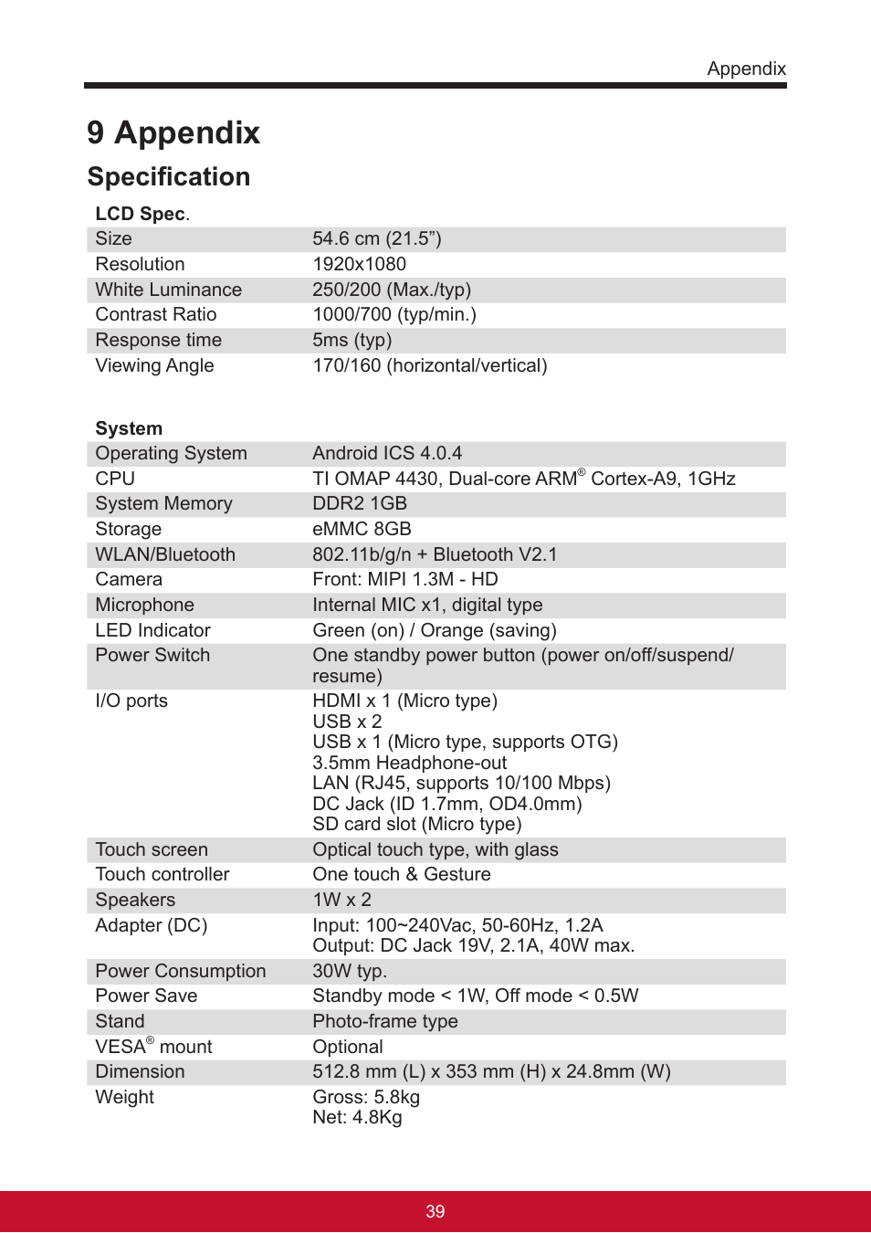 9 appendix, Specification | VIEWSONIC Smart Display VSD220 User Manual | Page 49 / 57