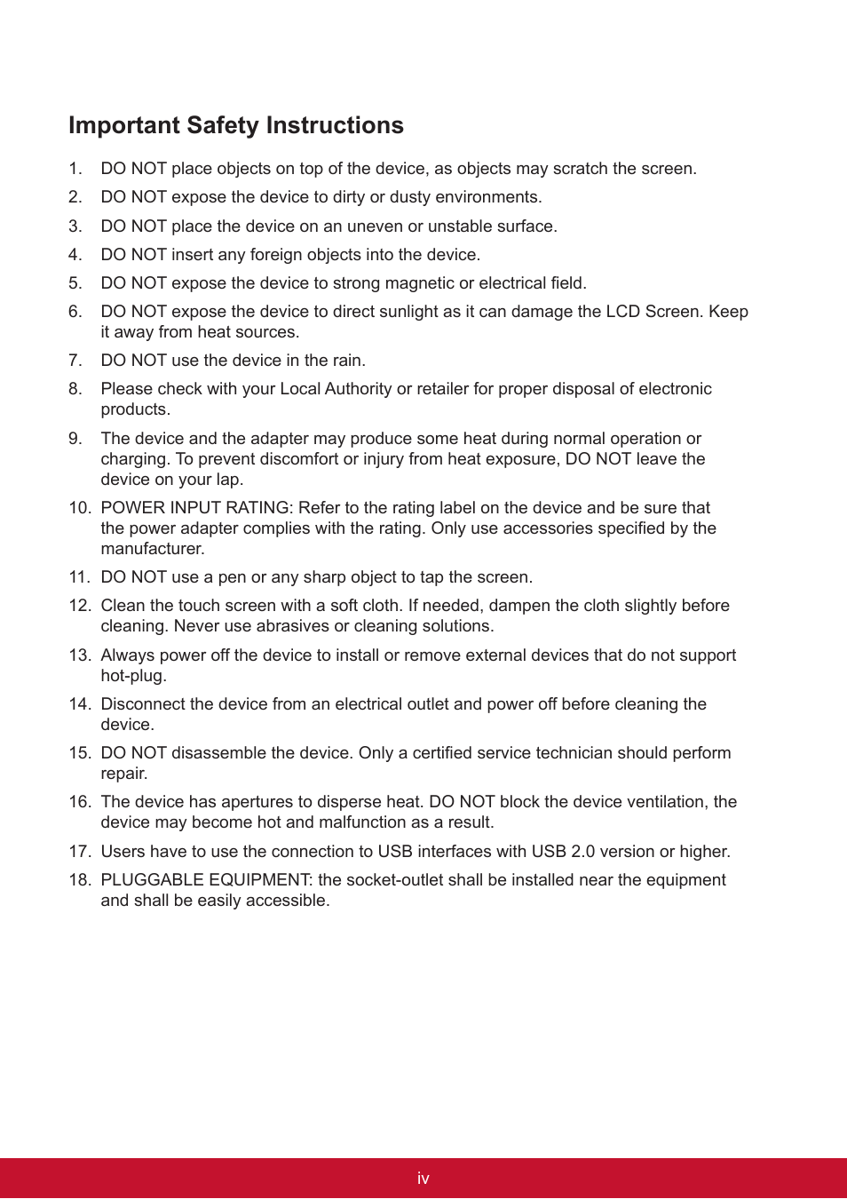 Important safety instructions | VIEWSONIC Smart Display VSD220 User Manual | Page 5 / 57