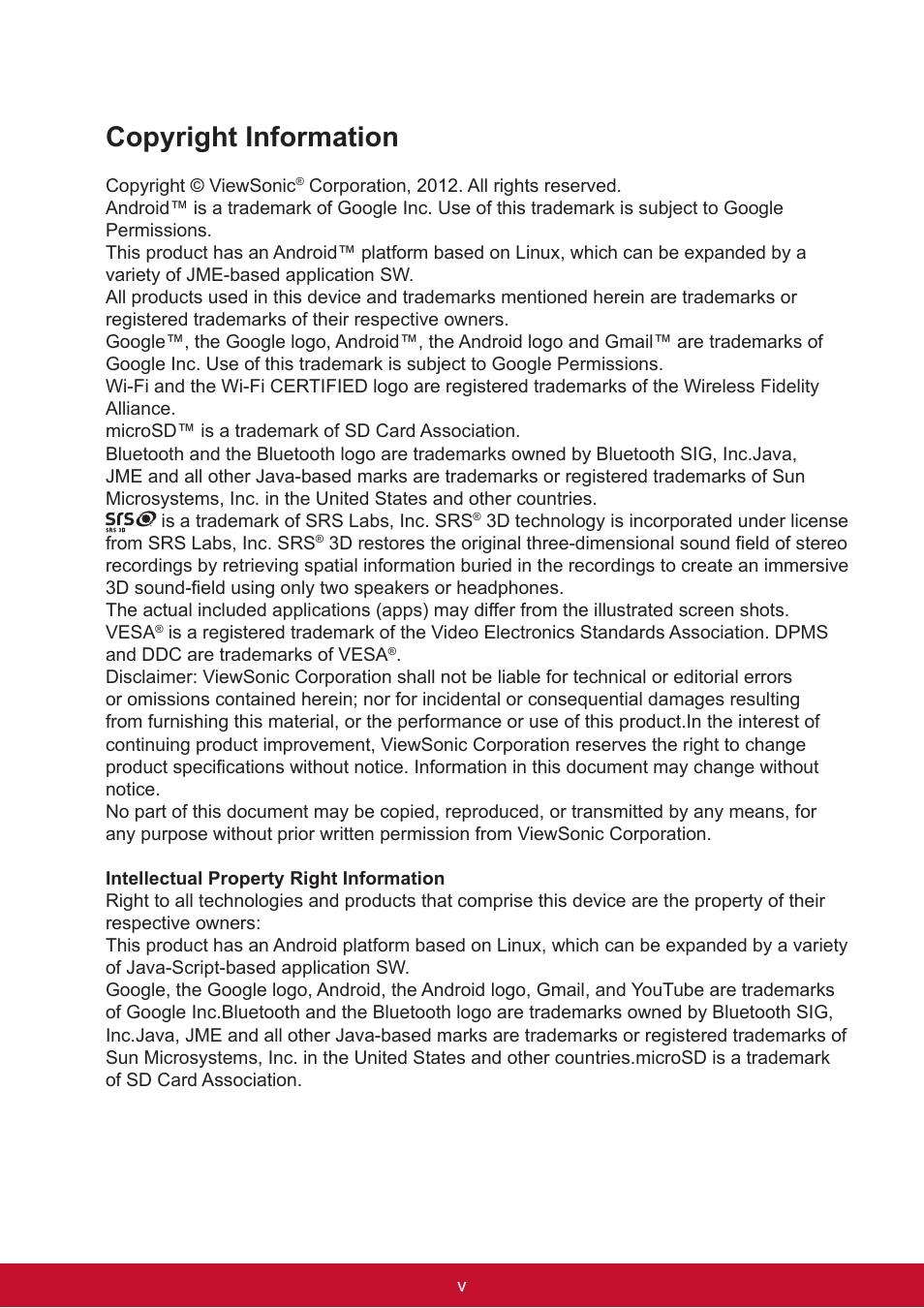 Copyright information | VIEWSONIC Smart Display VSD220 User Manual | Page 6 / 57