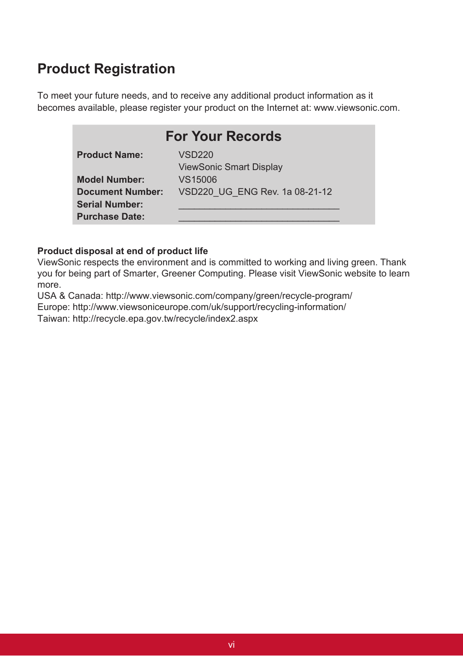 Product registration, For your records | VIEWSONIC Smart Display VSD220 User Manual | Page 7 / 57