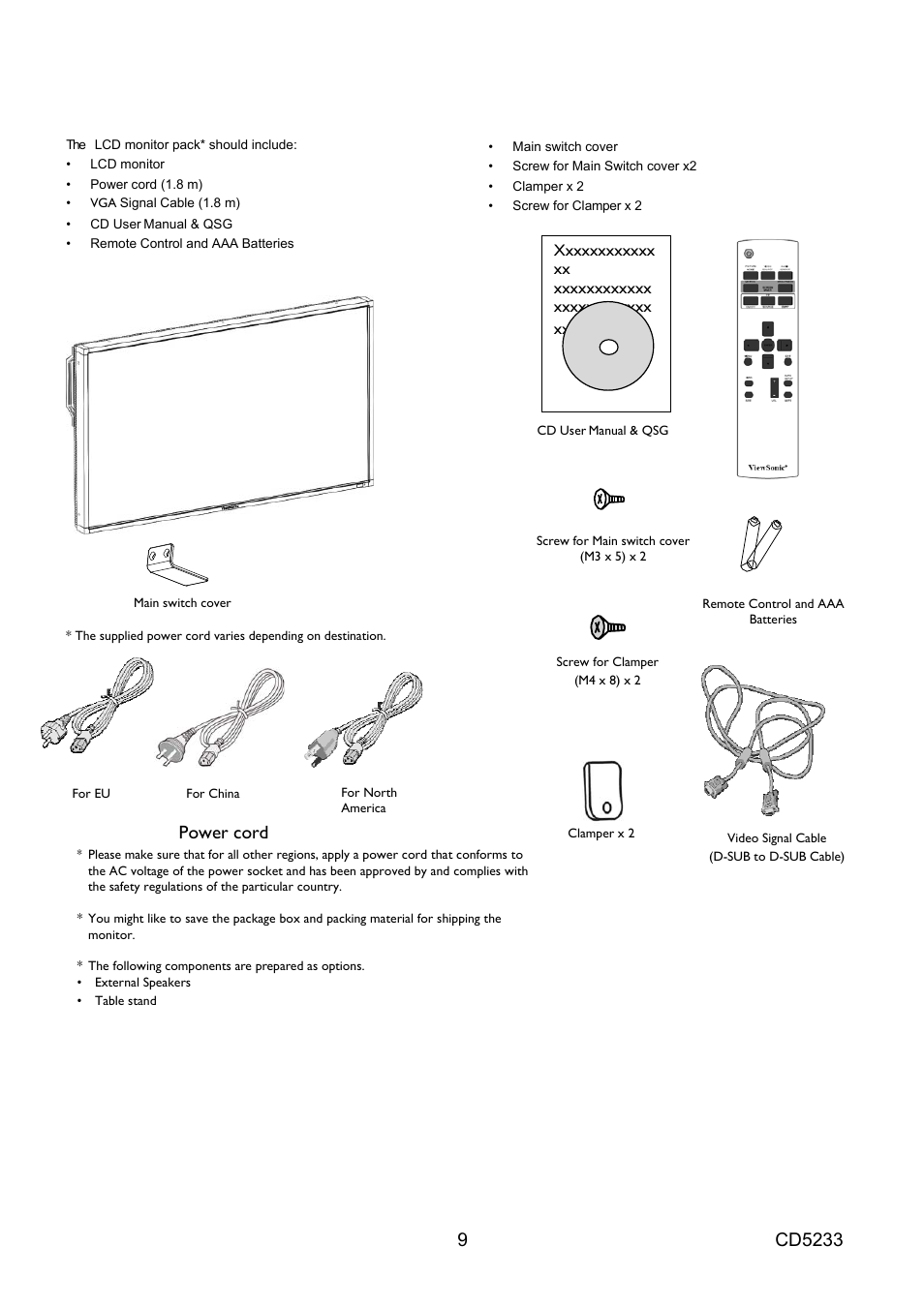 Package contents, Power cord | VIEWSONIC CD5233 User Manual | Page 11 / 52
