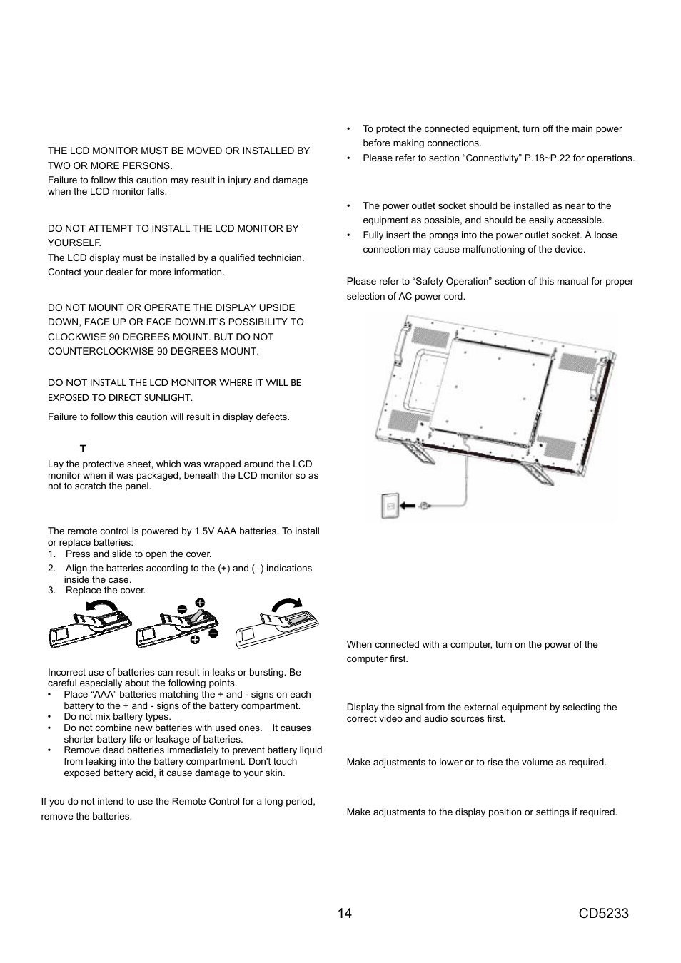 Setup procedure, Install the system on the right location, Install the remote control batteries | Connect to external equipment, Connect power cord, Operate the attached external equipment, Adjust the sound, Adjust the screen | VIEWSONIC CD5233 User Manual | Page 16 / 52