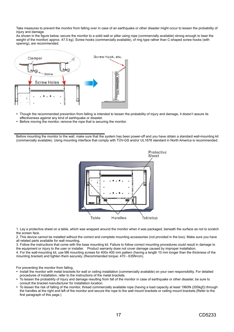 Method ii: mount the monitor on the wall | VIEWSONIC CD5233 User Manual | Page 19 / 52