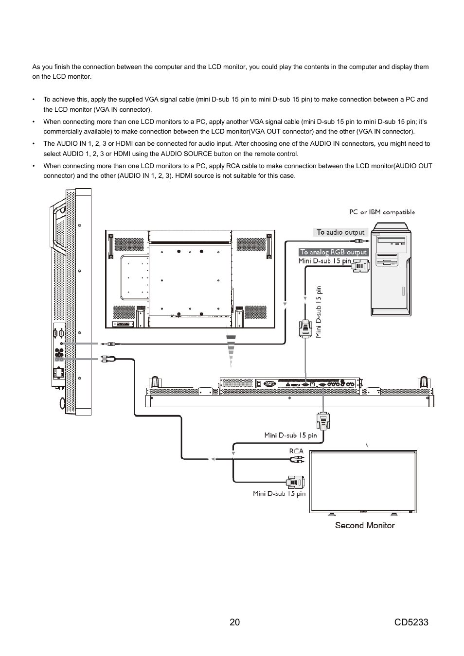 Connecting to a personal computer, Connecting the lcd monitor to a personal computer | VIEWSONIC CD5233 User Manual | Page 22 / 52