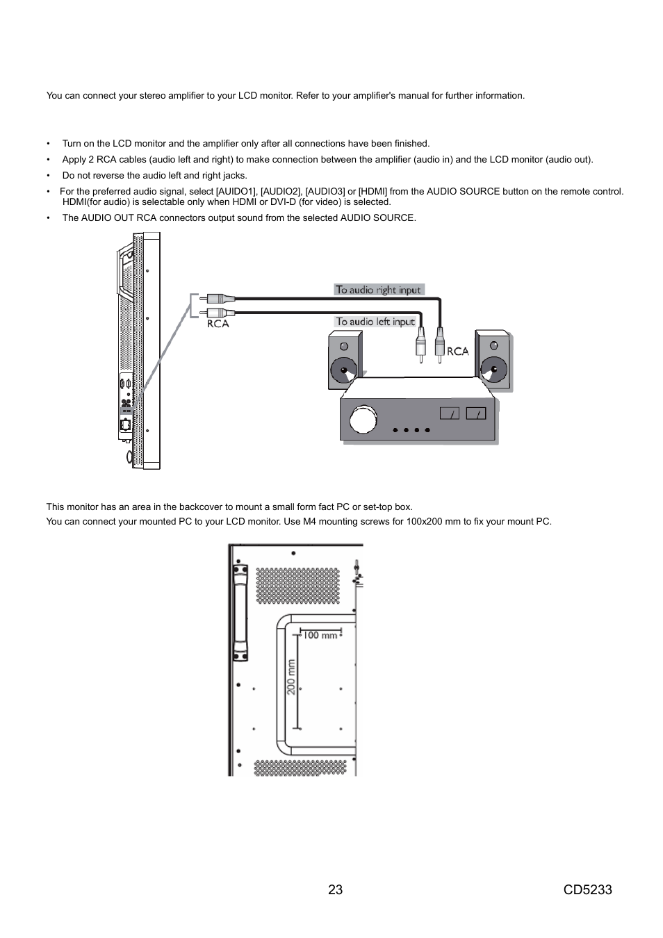 Connecting to a stereo amplifier, Connecting to a display mounted pc, Connect the lcd monitor to a stereo amplifier | VIEWSONIC CD5233 User Manual | Page 25 / 52