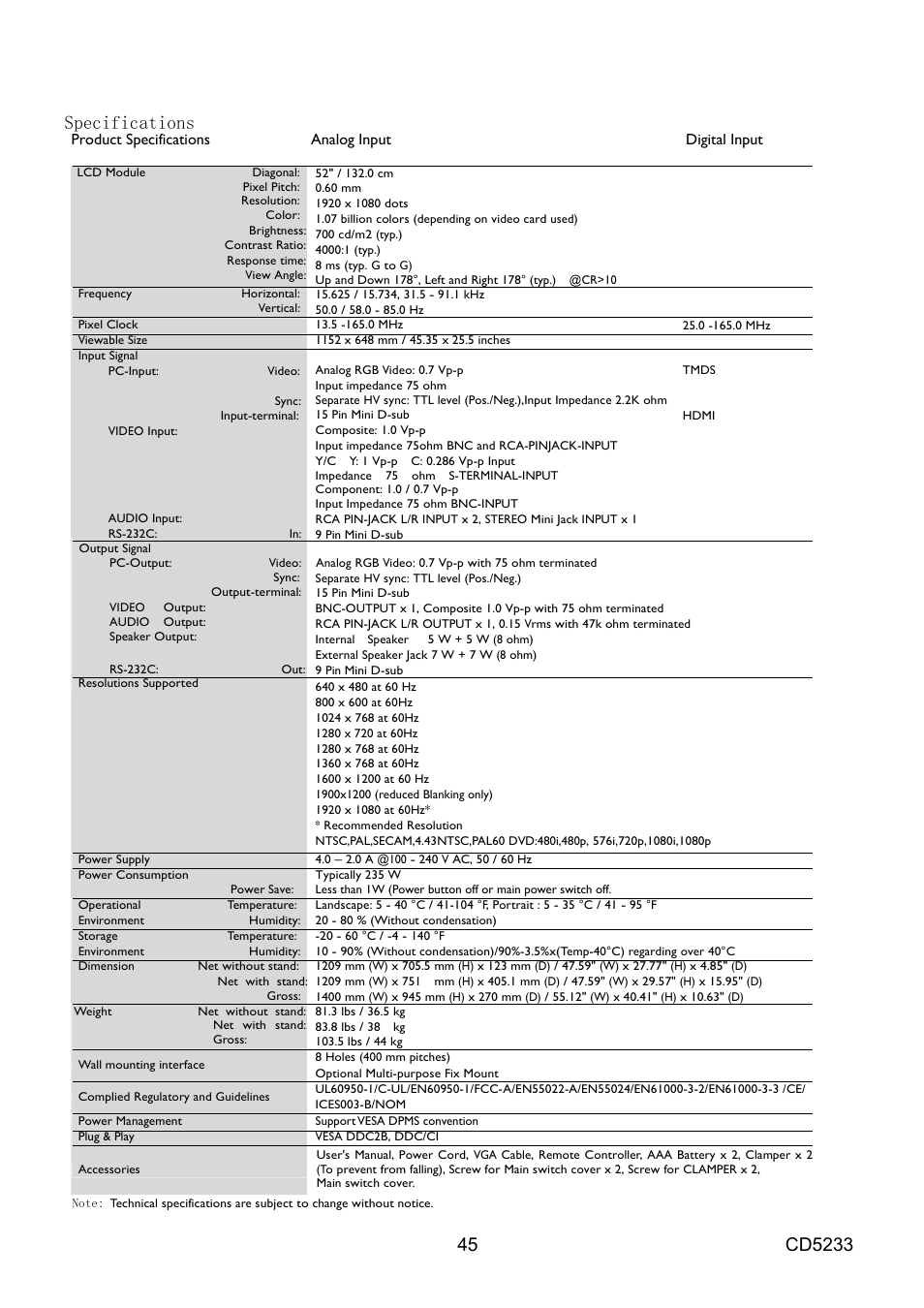 Specifications | VIEWSONIC CD5233 User Manual | Page 47 / 52