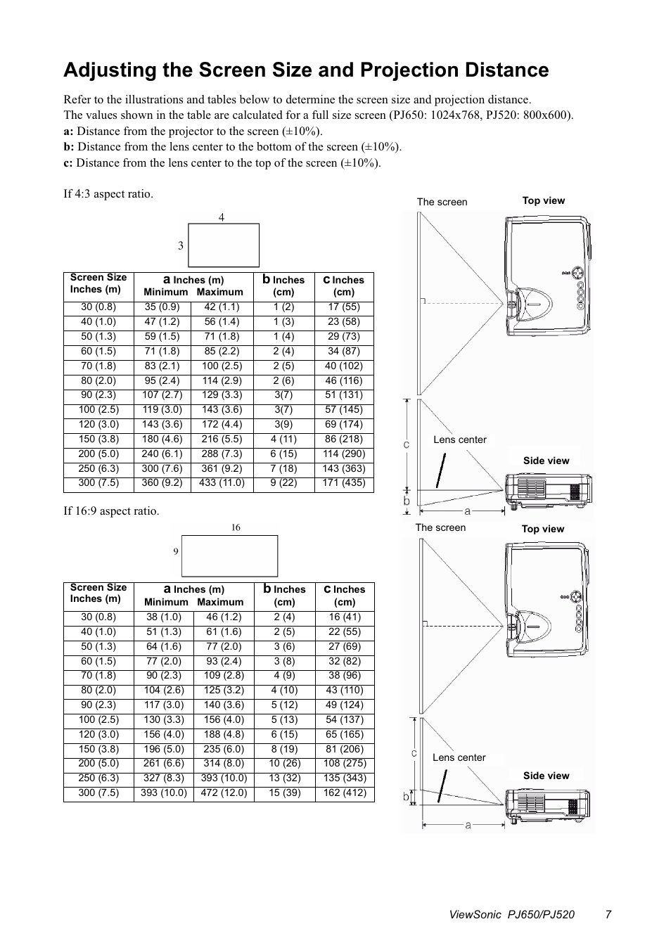 Adjusting the screen size and projection distance | VIEWSONIC PJ650/PJ520 User Manual | Page 10 / 46