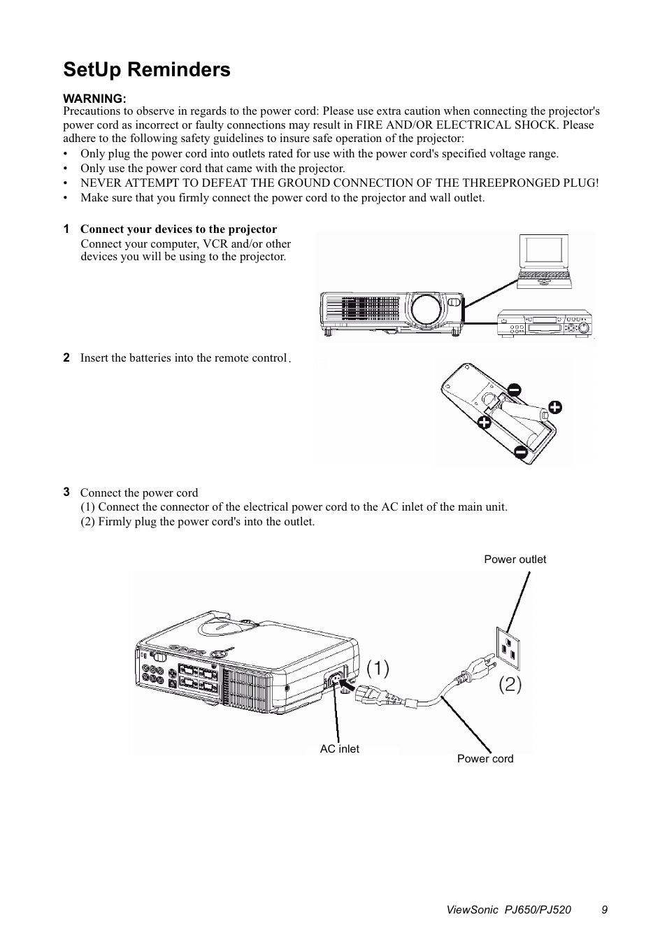 Setup reminders | VIEWSONIC PJ650/PJ520 User Manual | Page 12 / 46