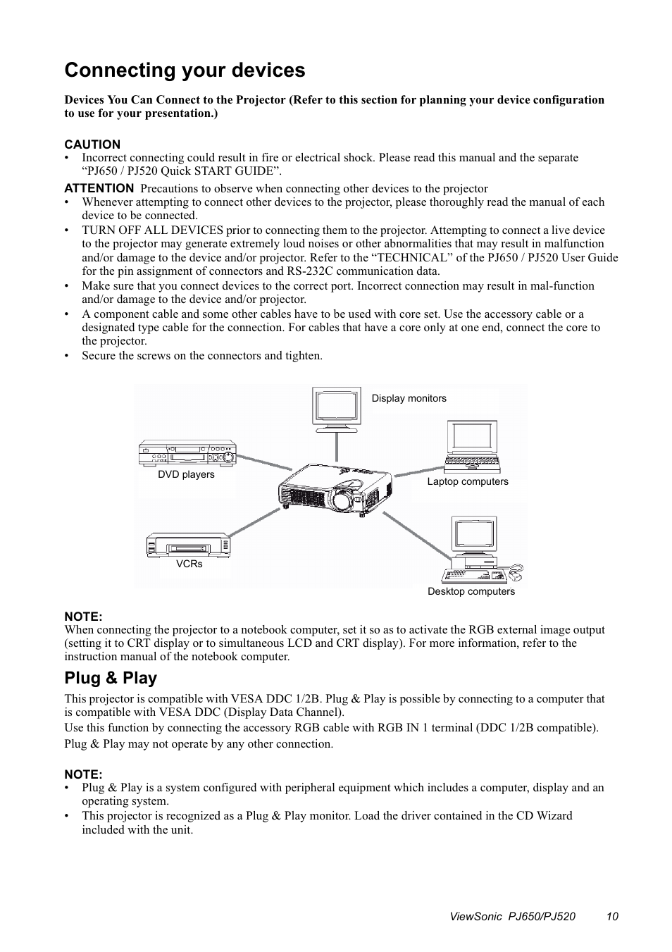 Connecting your devices, Plug & play | VIEWSONIC PJ650/PJ520 User Manual | Page 13 / 46