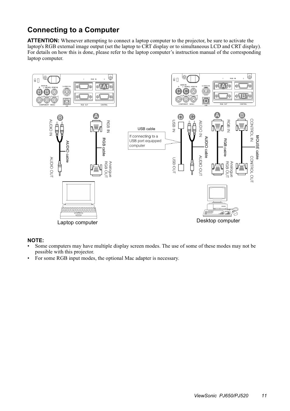 Connecting to a computer | VIEWSONIC PJ650/PJ520 User Manual | Page 14 / 46