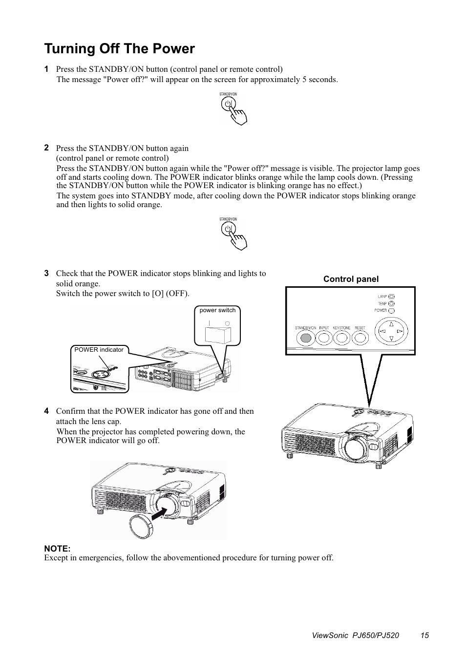 Turning off the power | VIEWSONIC PJ650/PJ520 User Manual | Page 18 / 46