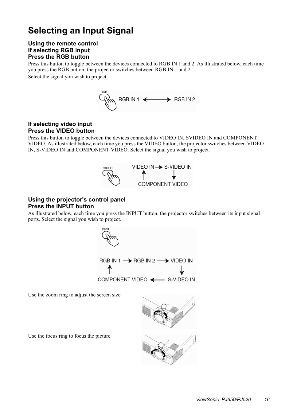 Selecting an input signal | VIEWSONIC PJ650/PJ520 User Manual | Page 19 / 46