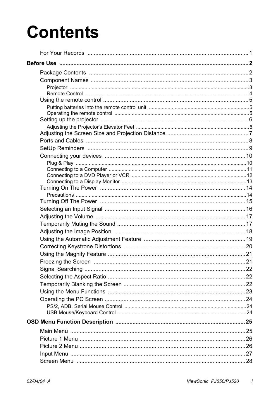 VIEWSONIC PJ650/PJ520 User Manual | Page 2 / 46