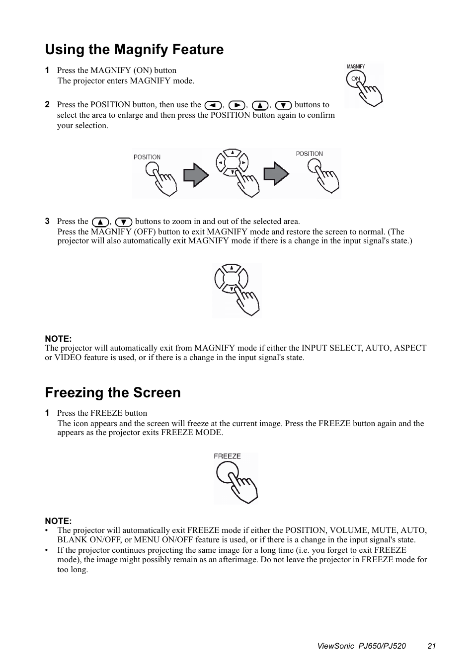 Using the magnify feature, Freezing the screen | VIEWSONIC PJ650/PJ520 User Manual | Page 24 / 46