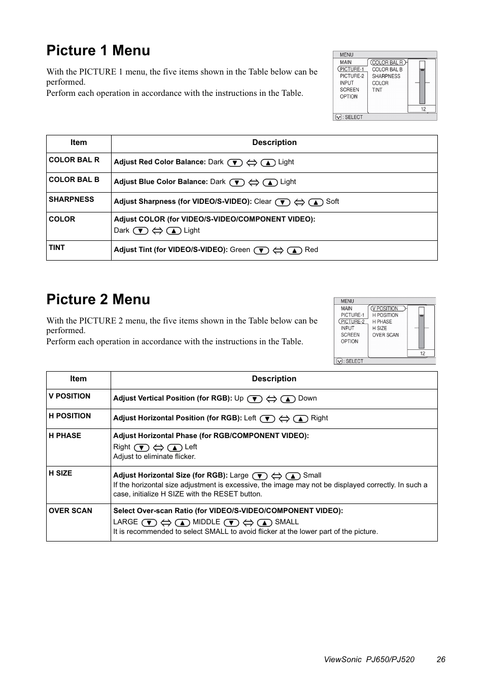 Picture 1 menu, Picture 2 menu | VIEWSONIC PJ650/PJ520 User Manual | Page 29 / 46