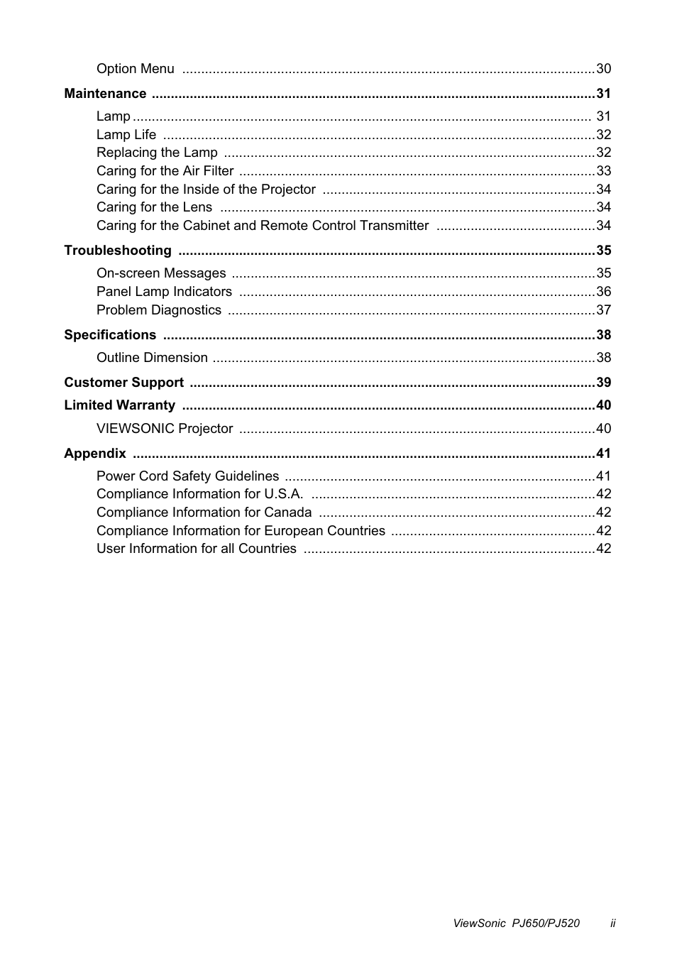 VIEWSONIC PJ650/PJ520 User Manual | Page 3 / 46