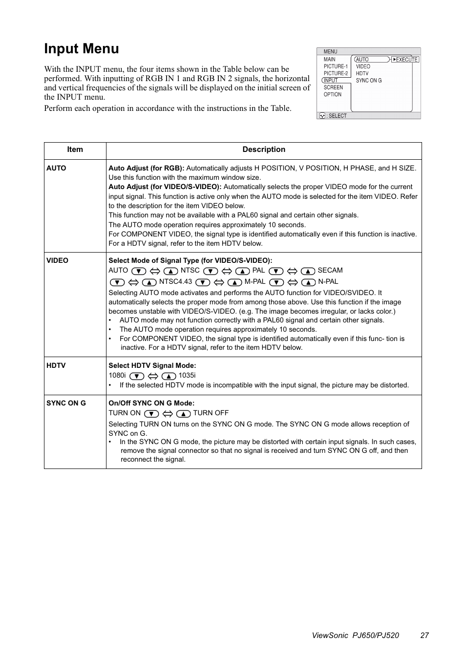 Input menu | VIEWSONIC PJ650/PJ520 User Manual | Page 30 / 46