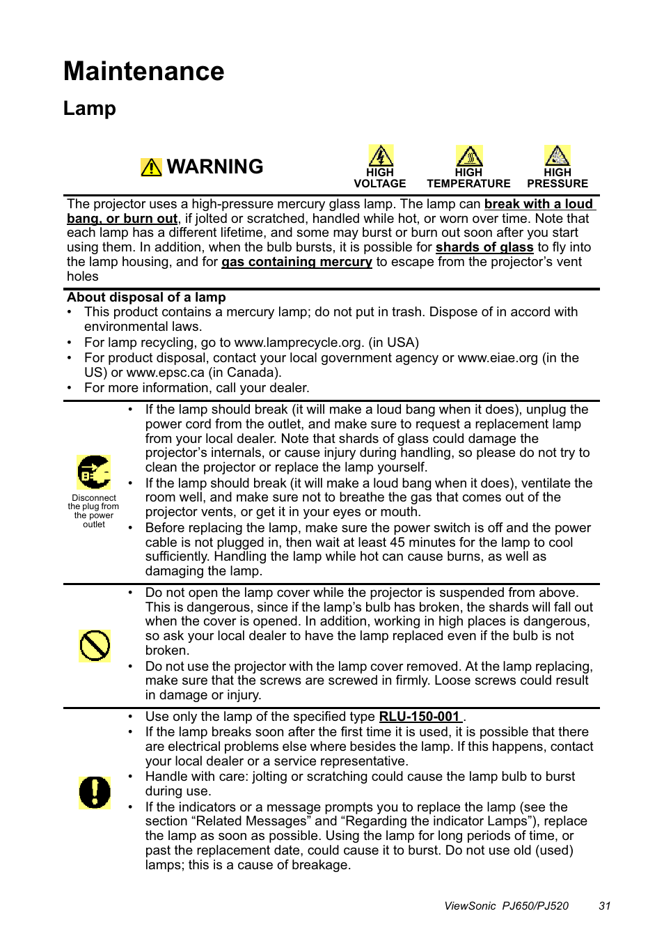 Maintenance, Lamp, Warning | VIEWSONIC PJ650/PJ520 User Manual | Page 34 / 46