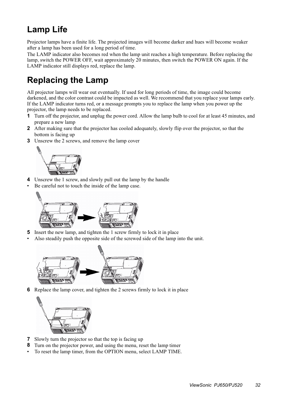 Lamp life, Replacing the lamp | VIEWSONIC PJ650/PJ520 User Manual | Page 35 / 46