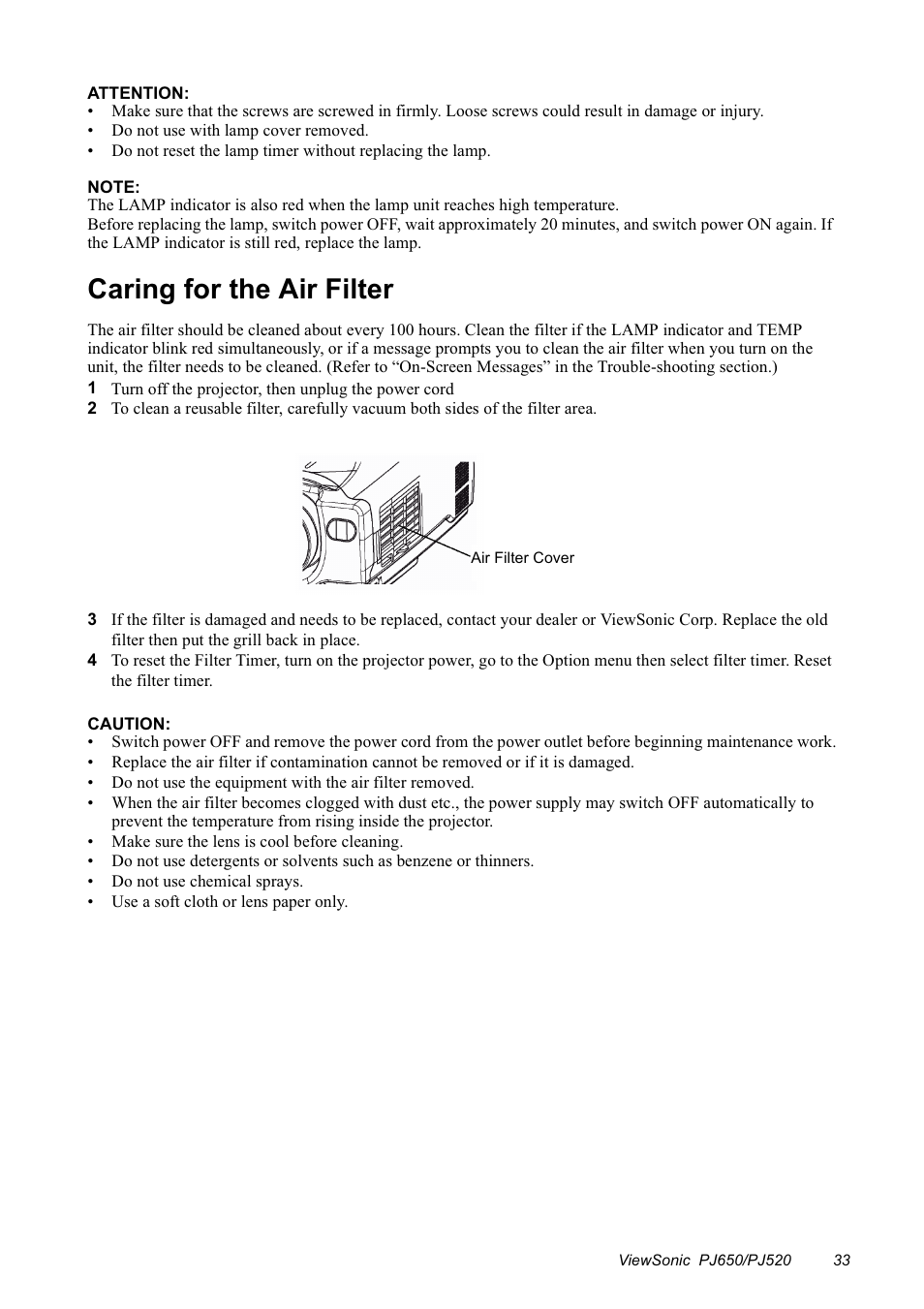 Caring for the air filter | VIEWSONIC PJ650/PJ520 User Manual | Page 36 / 46