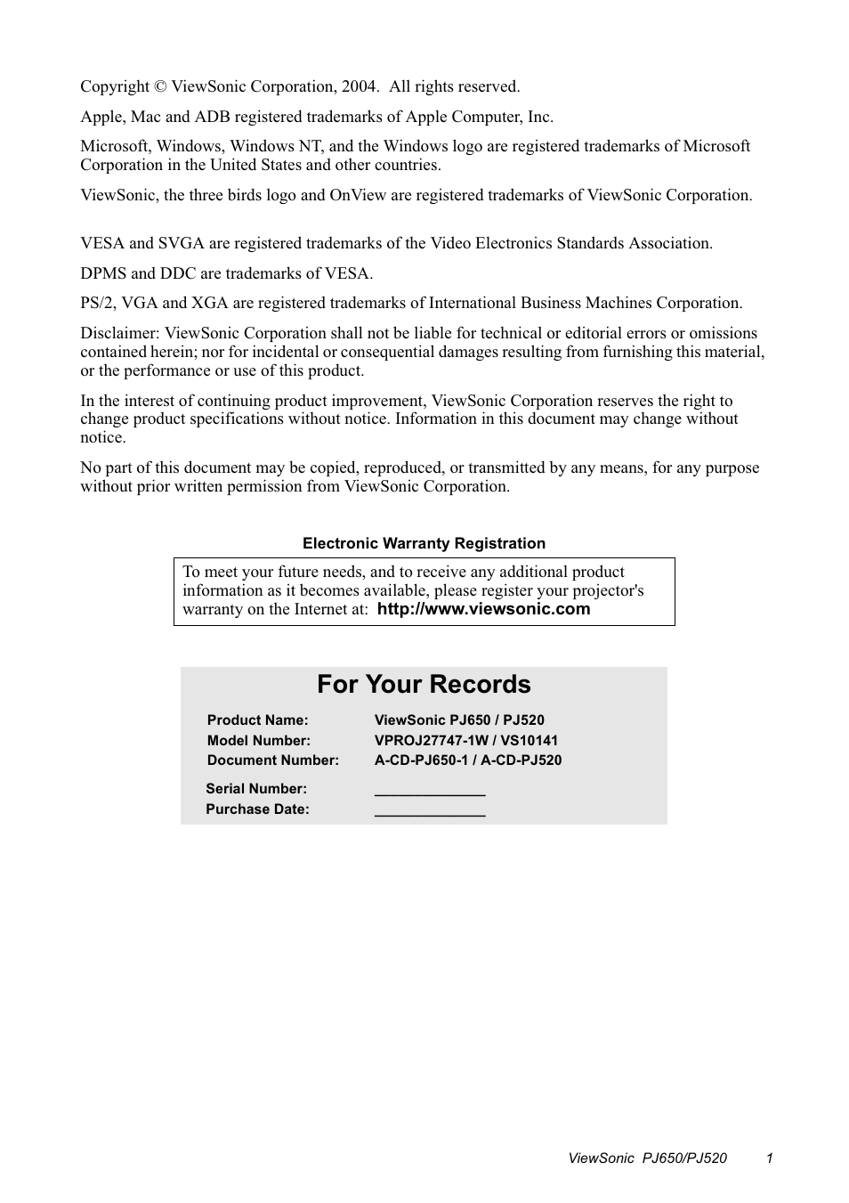 For your records | VIEWSONIC PJ650/PJ520 User Manual | Page 4 / 46