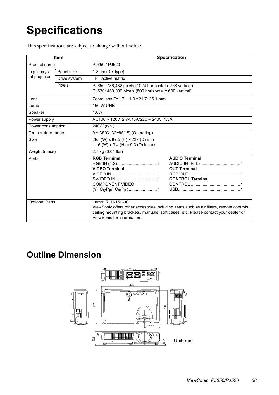 Specifications, Outline dimension | VIEWSONIC PJ650/PJ520 User Manual | Page 41 / 46