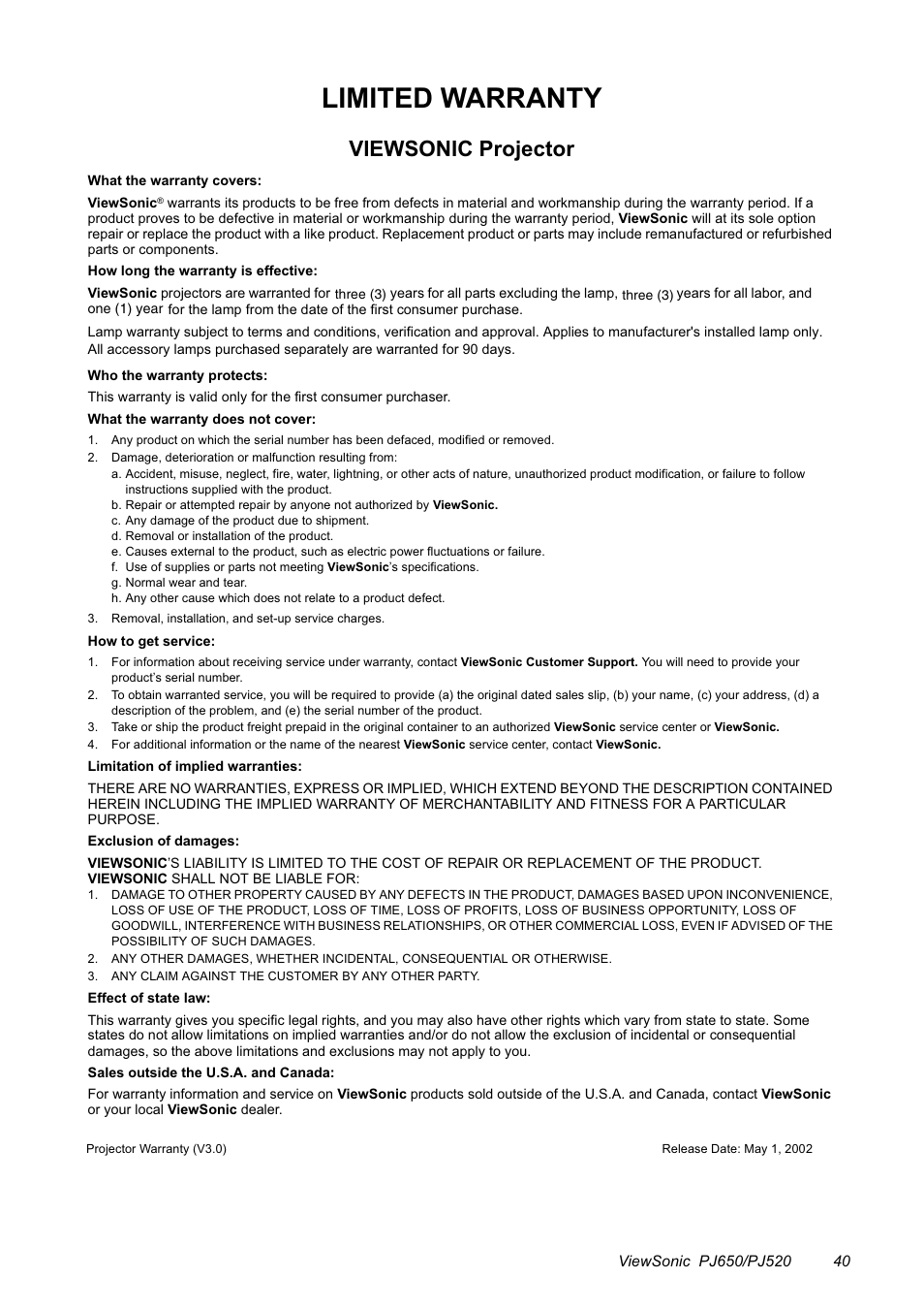 VIEWSONIC PJ650/PJ520 User Manual | Page 43 / 46