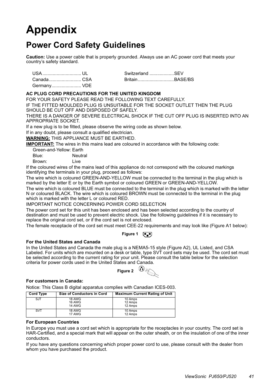 Appendix, Power cord safety guidelines | VIEWSONIC PJ650/PJ520 User Manual | Page 44 / 46