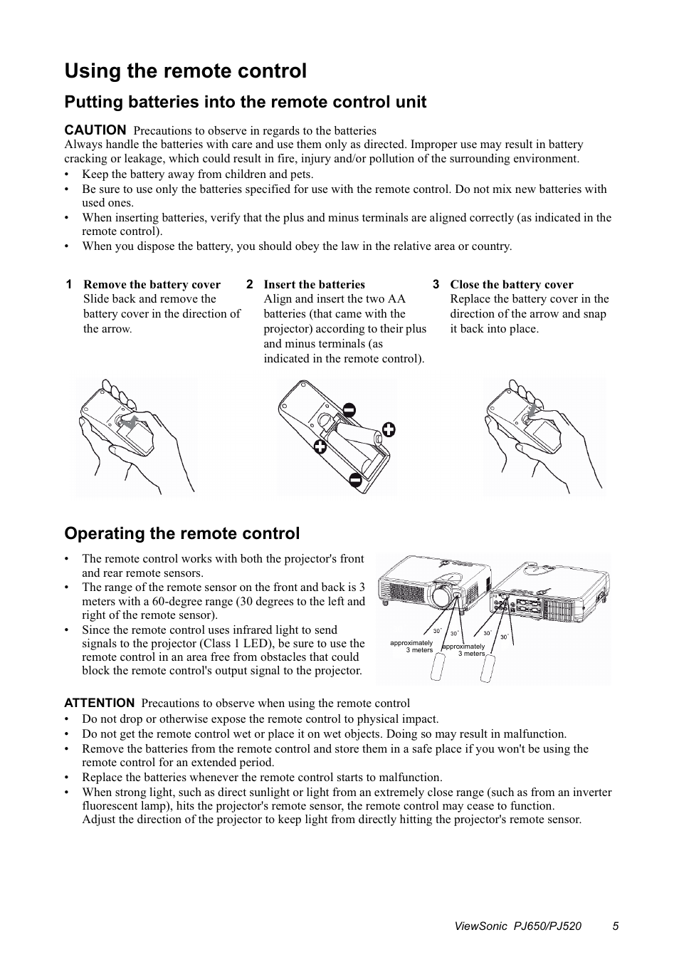 Using the remote control, Putting batteries into the remote control unit, Operating the remote control | VIEWSONIC PJ650/PJ520 User Manual | Page 8 / 46