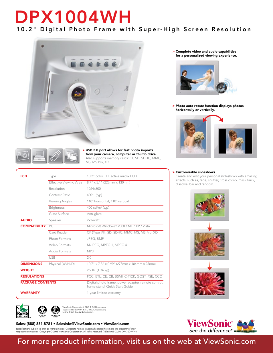 Dpx1004wh | VIEWSONIC DPX 100WH User Manual | Page 2 / 2
