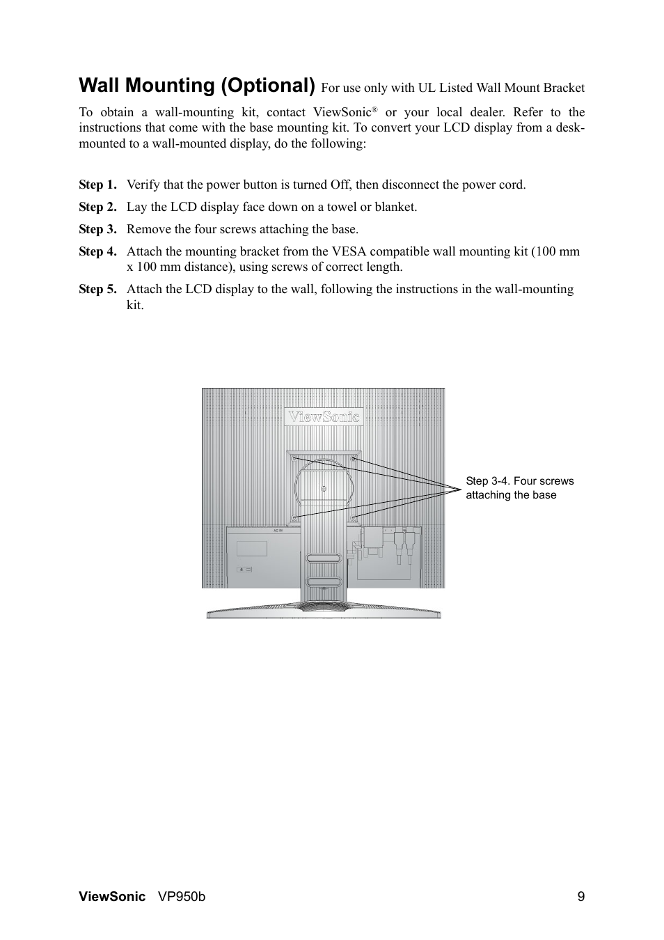 Wall mounting (optional) | VIEWSONIC VS11964 User Manual | Page 12 / 28