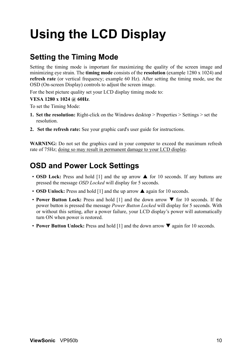 Using the lcd display, Setting the timing mode, Osd and power lock settings | VIEWSONIC VS11964 User Manual | Page 13 / 28
