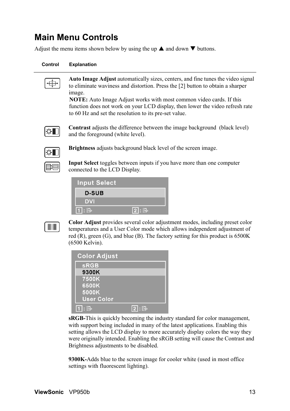 Main menu controls | VIEWSONIC VS11964 User Manual | Page 16 / 28