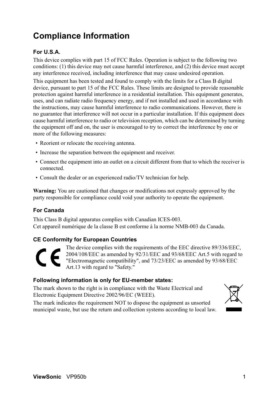 Compliance information | VIEWSONIC VS11964 User Manual | Page 4 / 28