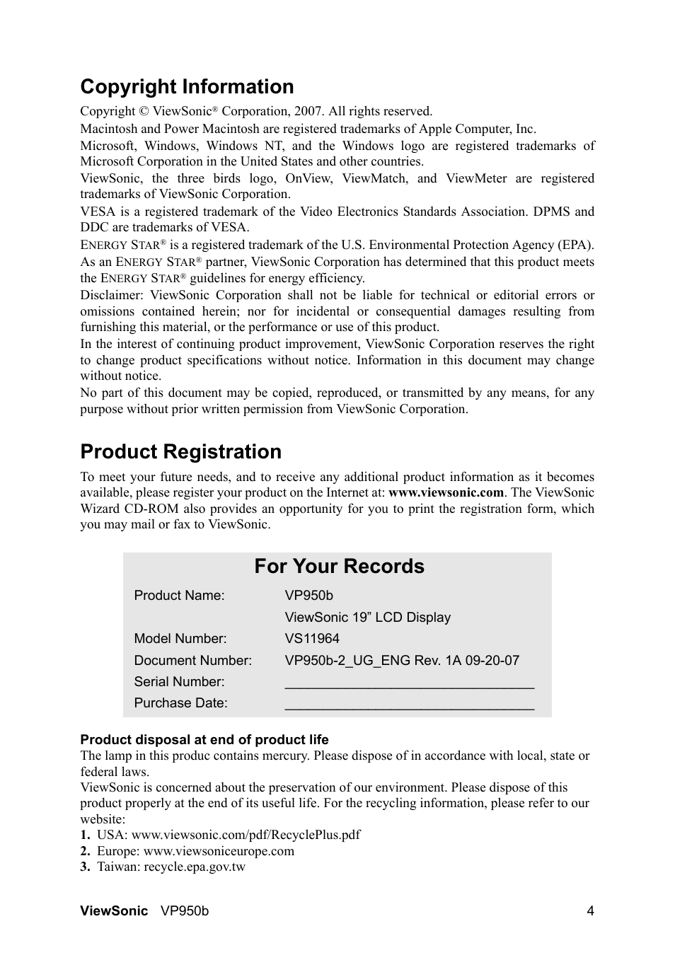 Copyright information, Product registration, For your records | VIEWSONIC VS11964 User Manual | Page 7 / 28